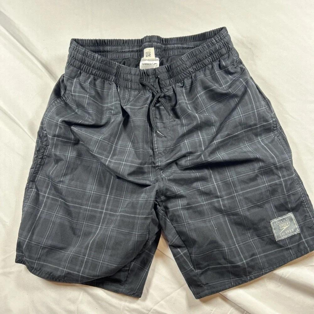 Speedo Swim Trunk Shorts Mens XS Black Geometric Check Surfing Drawstring Waist